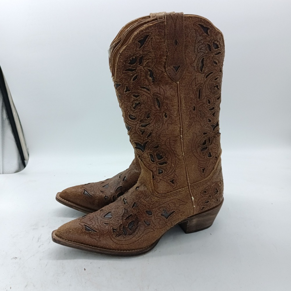 Laredo 52101 Womens 8M Brown Leather Floral Cut Out Western Cowboy Boots s16